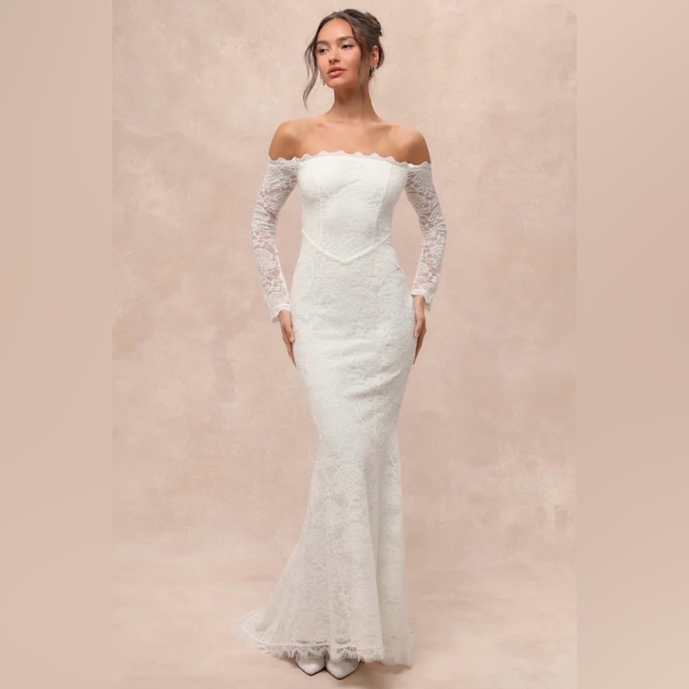 Lulu's Elegant White Off-Shoulder Lace Dress
